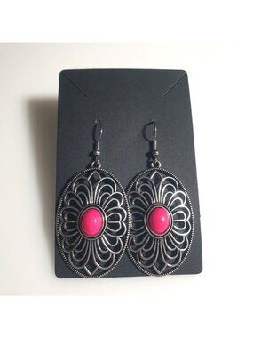 Oval Filigree Pink Cabochon Dangle Earrings Bohemian Lightweight Hooks Bali Core